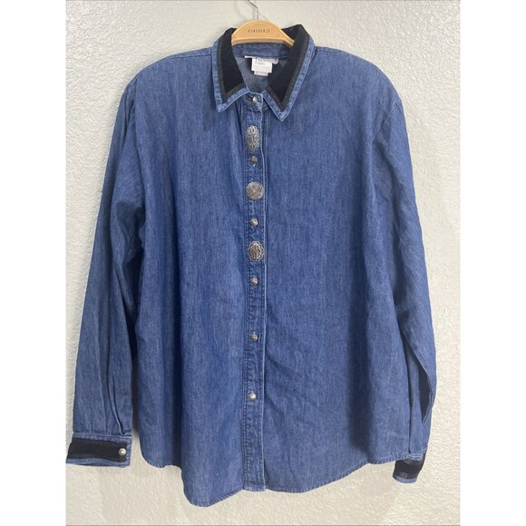 Stonebridge Denim Button Up Shirt Womens XL Blue Vtg 90s Cowgirl Rodeo Velvet - Picture 1 of 9